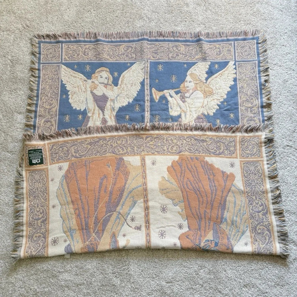 VTG Goodwin Weavers Angels Holiday Cotton Tapestry Throw Blanket Made In USA